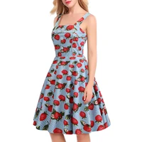 retro european and american womens summer sweet suspender square neck strawberry print swing dress