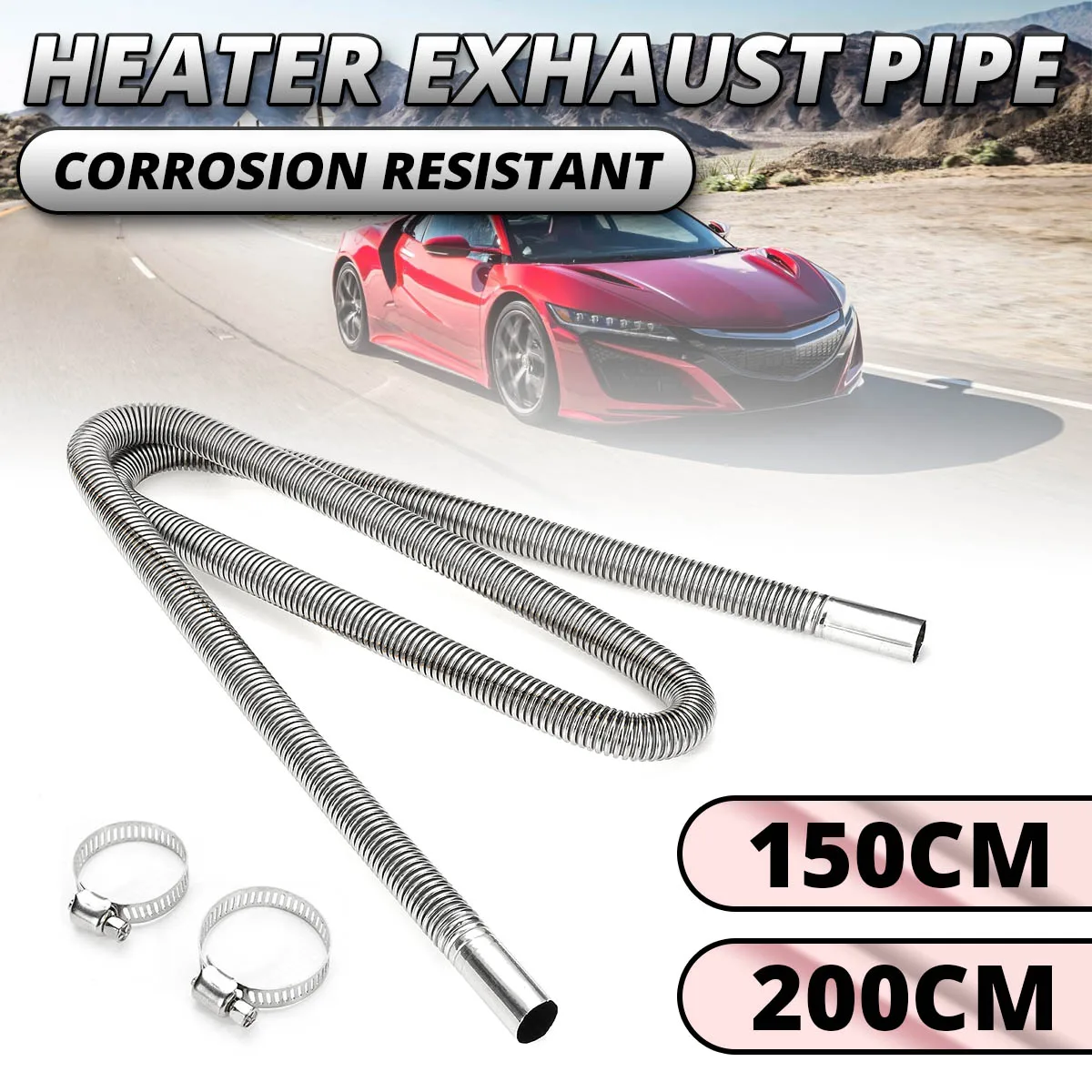 

150/200cm Air Parking Heater Exhaust Pipe For Diesel Heater with 2 Clamps Stainless Steel Fuel Tank Exhaust Pipe Hose Tube