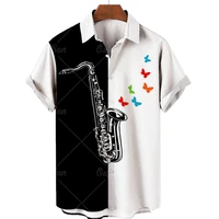 black white summer men and women short sleeve music graphic 3d print shirt casua polyester loose turn down collar men tops 5xl