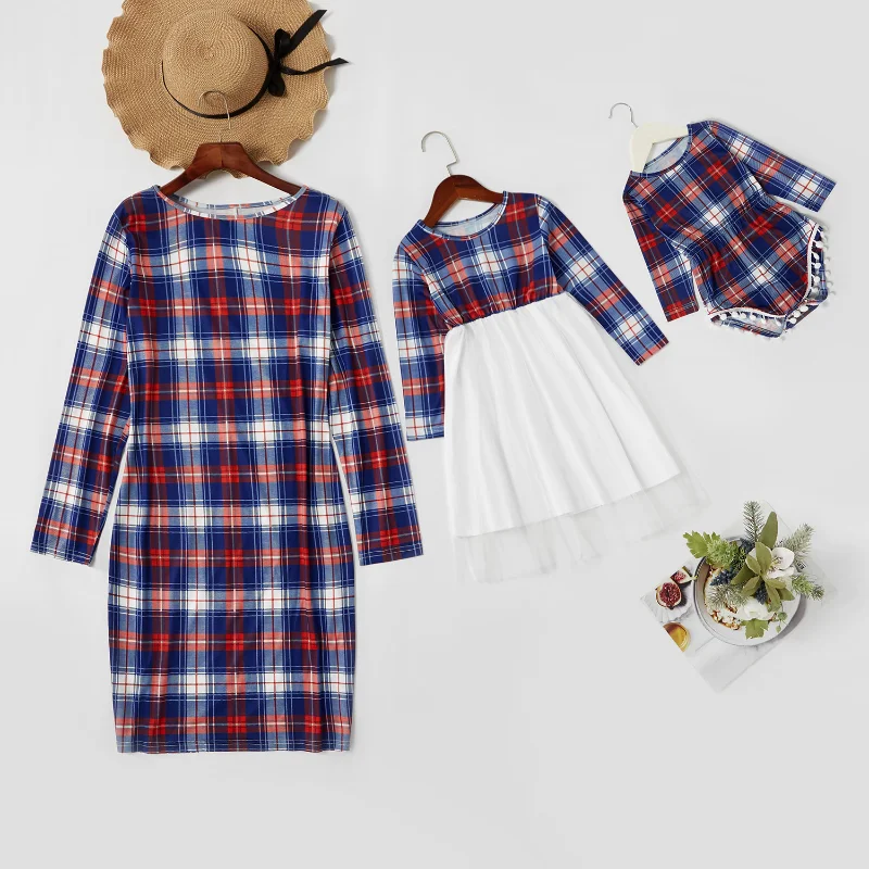 

Women Dresses Mother and Daughter Slim Round Neck Color Plaid Long Sleeve Parent-child Wearing Mommy and Me Matching Clothing