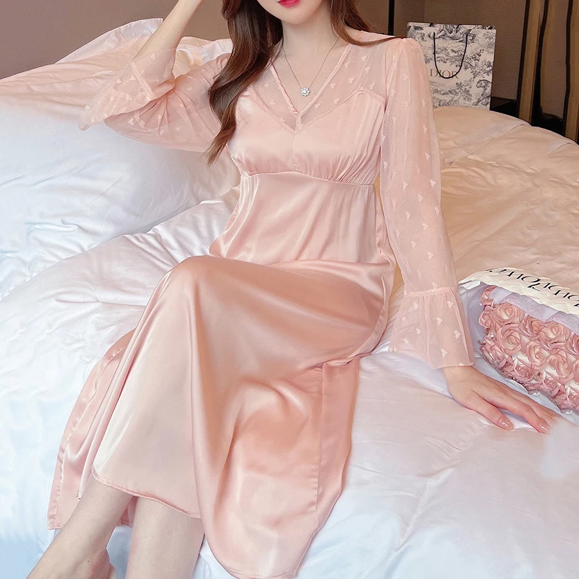 

Nightgown Palace Style Lace Sleepwear New Long Nightdress for Women Sexy Lace Sleeve Bathrobe Sleepdress Loose Rayon Home Wear