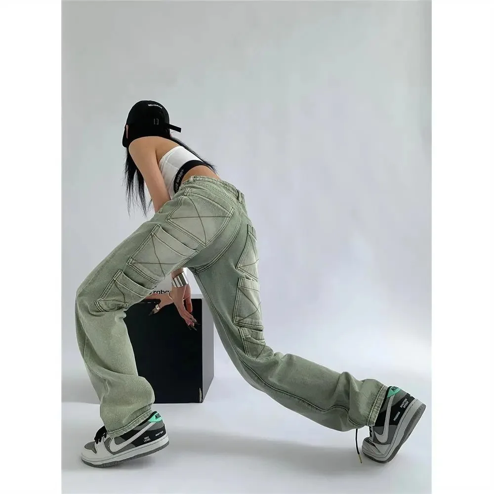 

Women's high-waisted jeans American street fashion Y2k pocket straight leg pants Large size couple mop pants Women's clothing
