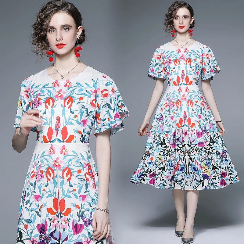 

2022 Summer New Runway Show Elegant Temperament Round Neck Short Sleeve Slim Fit Flower and Bird Print Big Swing Fashion Dress