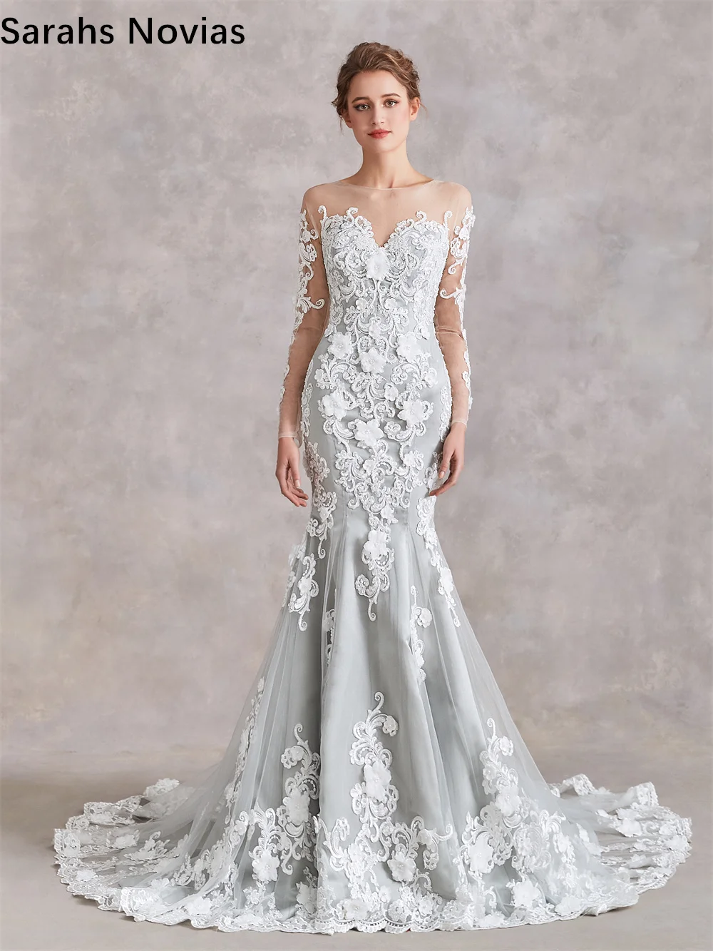 

2022 Mermaid Silver Wedding Dresses Long Sleeves Beading Lace 3D Flowers Non White Colorful Bride Dress Real Photos Custom Made