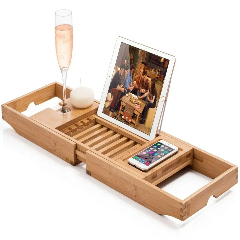 

2023 new Bathtub Caddy with Extendable Sides, Wine Glass Holder, Book Stand and Phone Tray phone grip