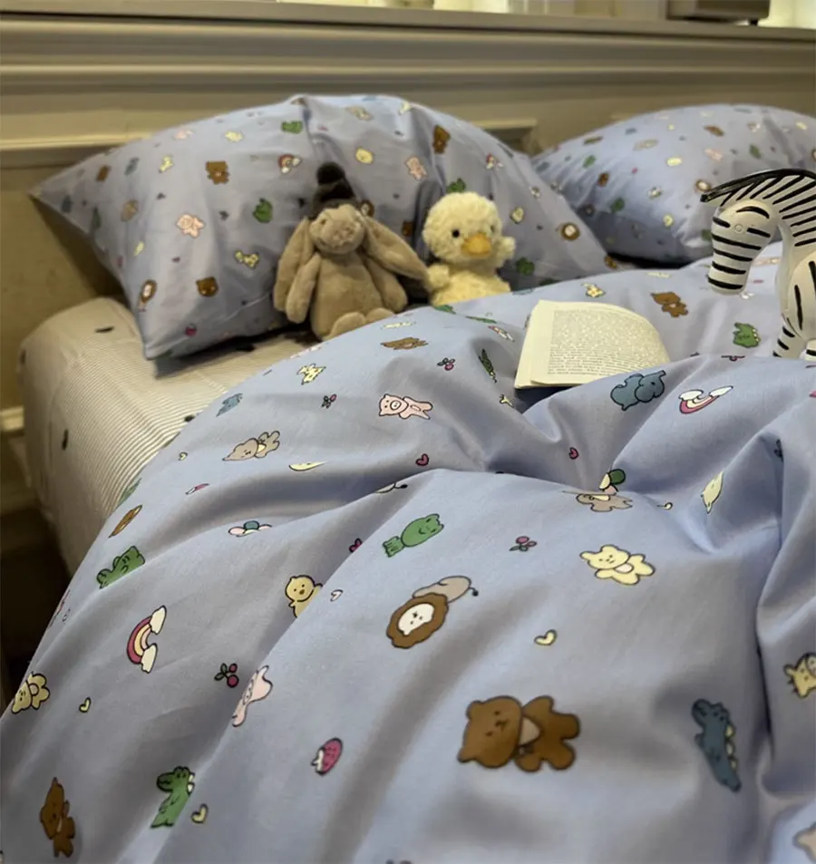 

Комплект постельного белья голубого цвета с милыми мультяшными животными, детский подростковый, двойной полный Королевский Симпатичный хлопковый домашний текстиль, простыня, подушка, пододеяльник