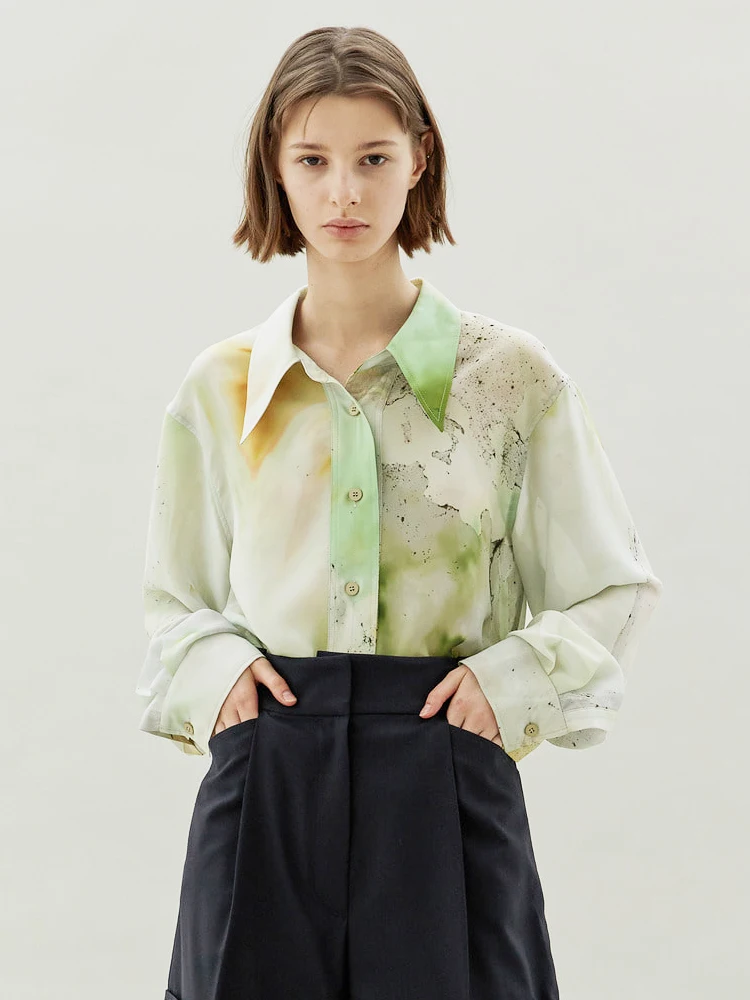 Low Classic The Wizard of Oz Shirt Women's Design Sense 2022 Korean Loose Splashing Ink Oil Painting All-match Shirt