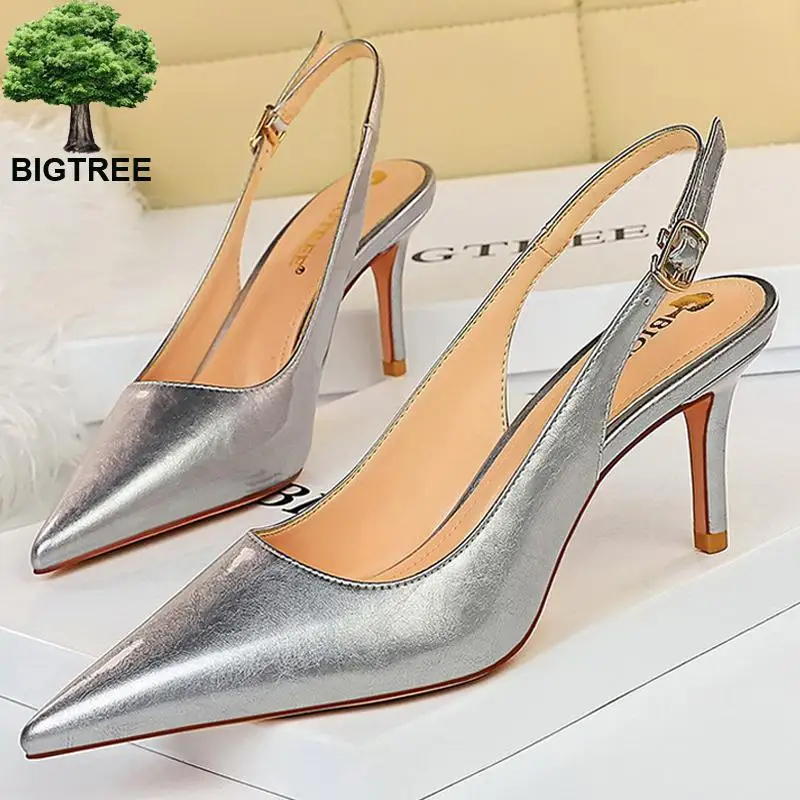 

BIGTREE Shoes Hollow Hasp Kitten Heels 7 Cm Patent Leather Woman Pumps Sexy Office Shoes Fashion Heeled Shoes Women Sandals 2022