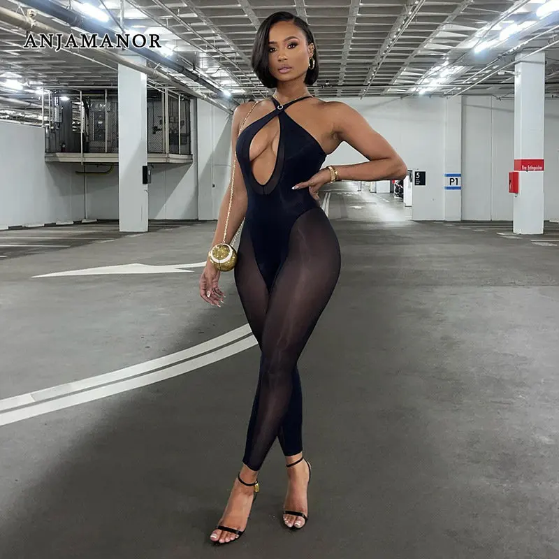 

ANJAMANOR Sexy Black Jumpsuit One Pieces Night Club Outfit See Through Mesh Patchwork Hollow Out Halter Jump Suits D85-CF17