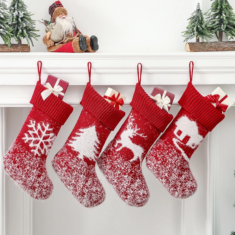 

Christmas Stocking 2023 Christmas Ornaments Knitted Christmas Stocking Yarn Sock Red and White Elk Gift Bag Children Gift Bag