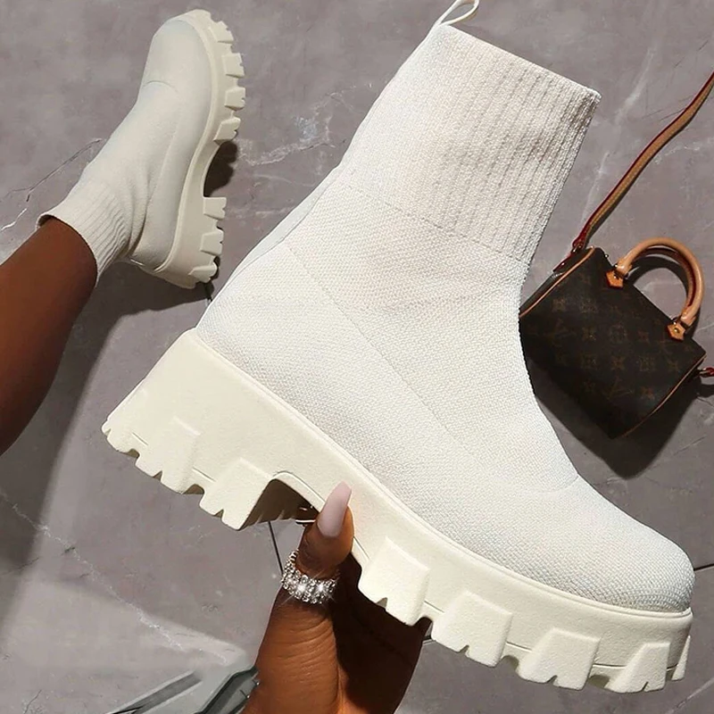 

Ботильоны стрейч, дизайнерские зимние ботинки на массивной платформе, новая зимняя теплая Модная вязаная женская обувь Челси на среднем ка...