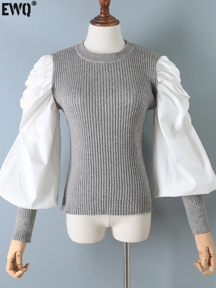 

Женский свитер с рукавами-фонариками [EWQ], Белый эластичный облегающий пуловер с круглым вырезом, вязаный Топ, новинка сезона осень-зима 2023, 16U4597