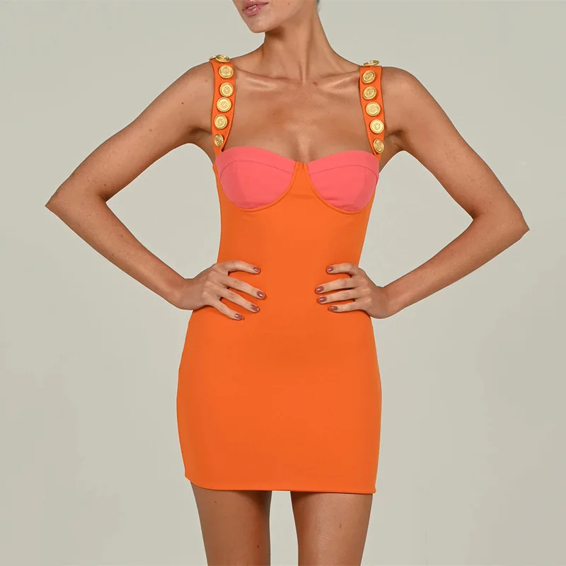 

2022 Button Decoration Summer Street Fashion Party Elegant Slim Elastic Skirt Sexy Sleeveless Bodycon Women's Strap Mini Dress