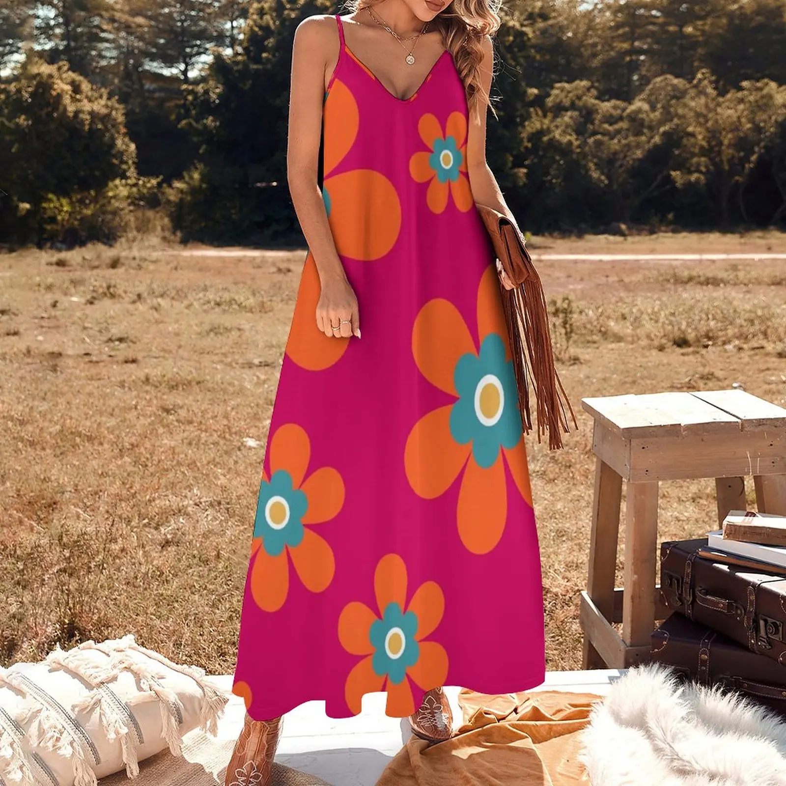 Милый красочный Осенний цветок в стиле ретро 70-х яркий оранжевый и ярко-розовый