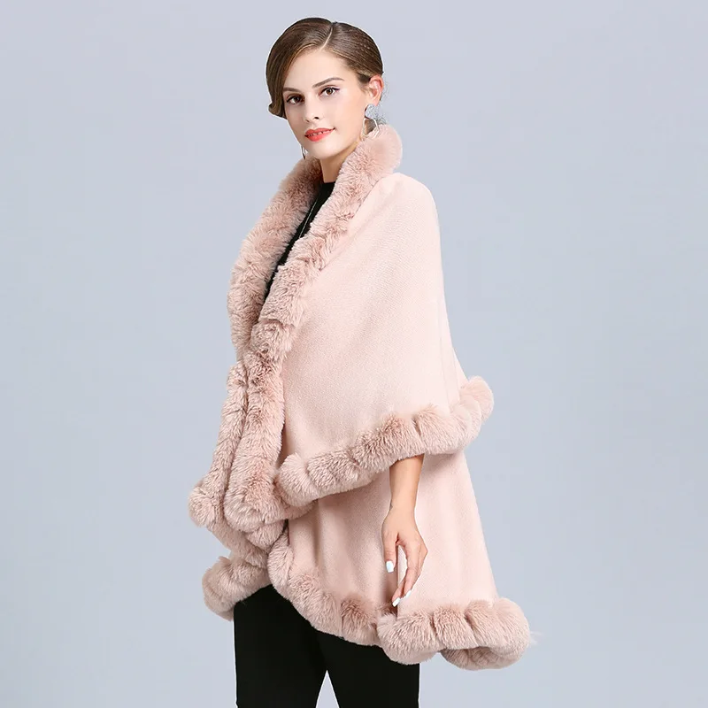 Women's faux fox fur collar, double-knit cardigan shawl cape