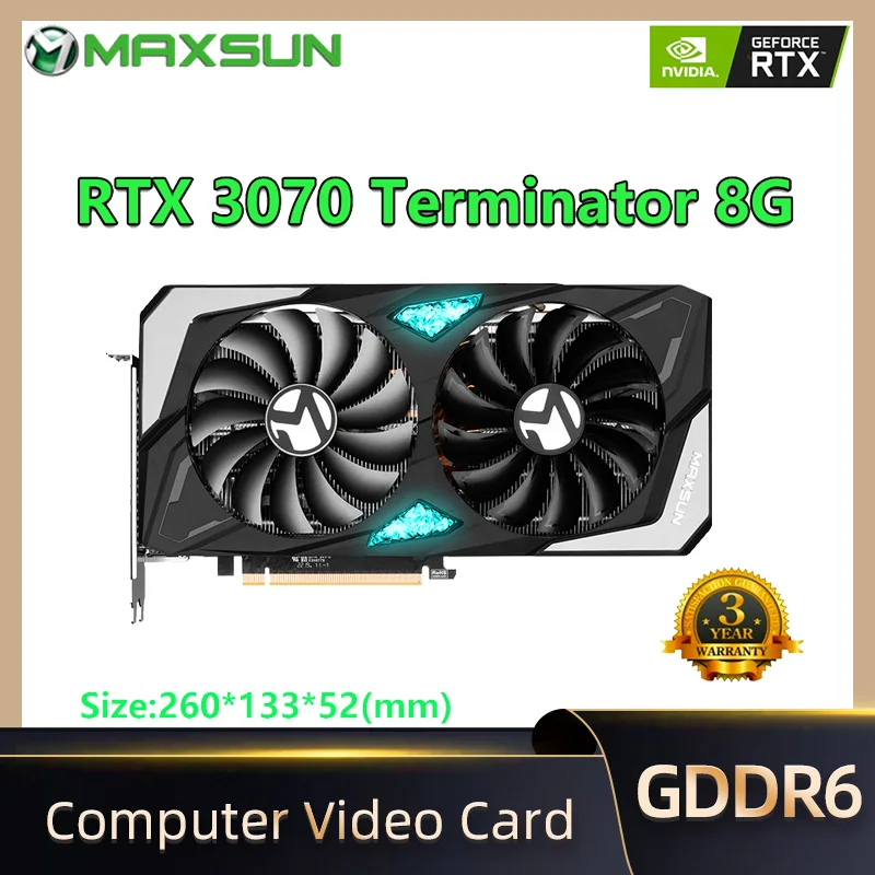 

Видеокарта MAXSUN, RTX, 3070, 8 ГБ, GDDR6, NVIDIA, для игрового ПК, 256 бит, PCI Express, X16, 4,0, RGB