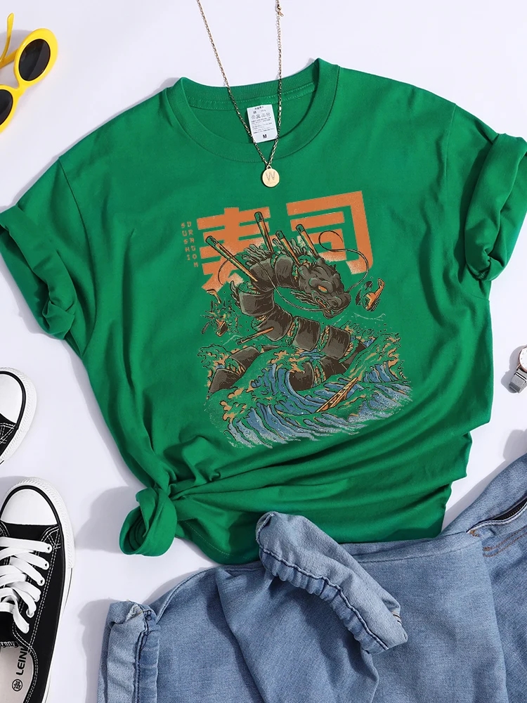 

Футболка женская с суши-драконом, модная дышащая футболка в японском стиле, Спортивный Повседневный Топ, лето