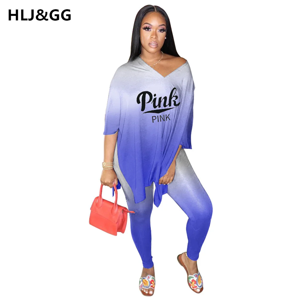 

HLJ&GG Gradient V-Neck 2 Piece Set Women PINK Letter Print Side Slit Top + Pants Tracksuits Female Jogger Sport 2pcs Outfits 2XL