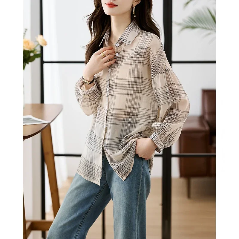 

Шифоновые женские рубашки, Новая Винтажная клетчатая блузка с принтом, свободная весенне-летняя одежда с воротником-поло, модные топы в полоску с длинным рукавом