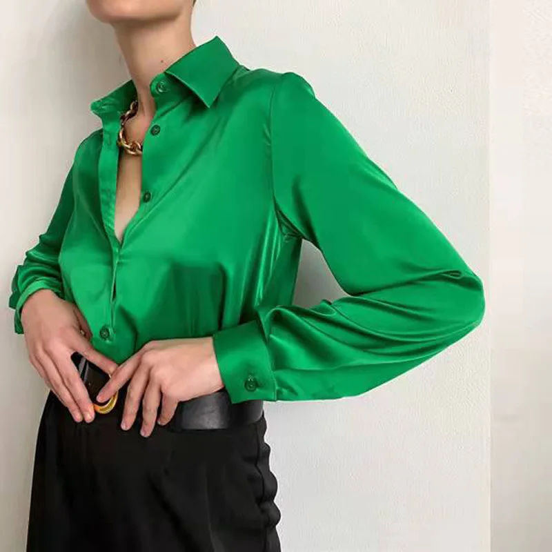 

Women Stain Long Sleeve Blouse Vintage Office Lady Silk Shirt Elegant Female Green Blue Loose Button Up Tops