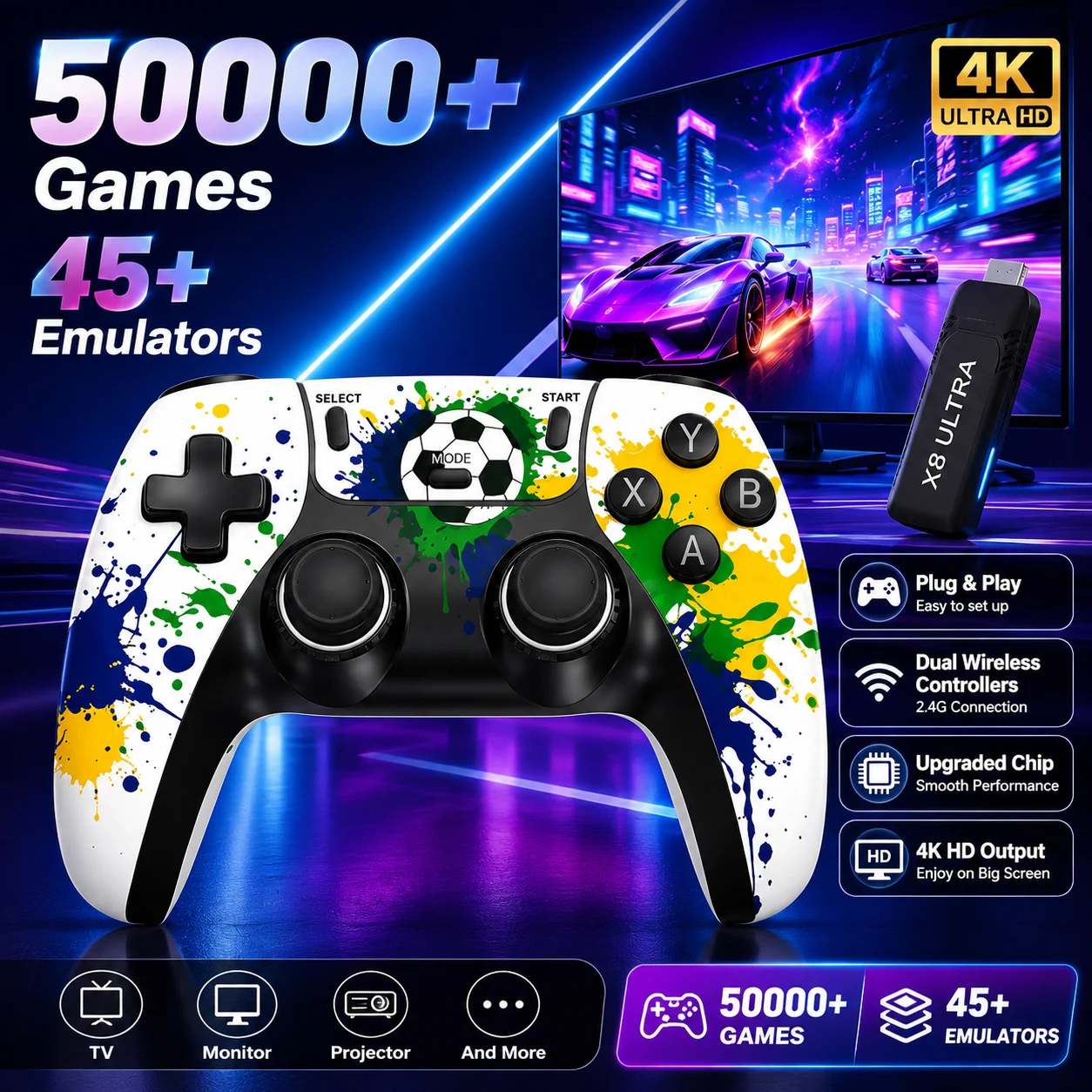 Фото Игровая консоль X8 Ultra Football Custom Game Stick 4K HDMI Retro: подключи и играй, встроенные 50000+ классических игр, не нужно загружать системы. №1