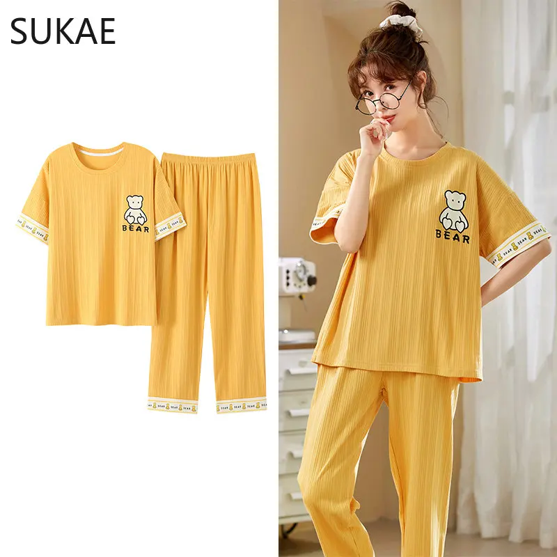 SUKAE M-5XL Big Size Women's Pajamas Set Fashion Casual Woman's Sleepwear Short Sleeve Long Pants Summer Cotton Shorts for Women