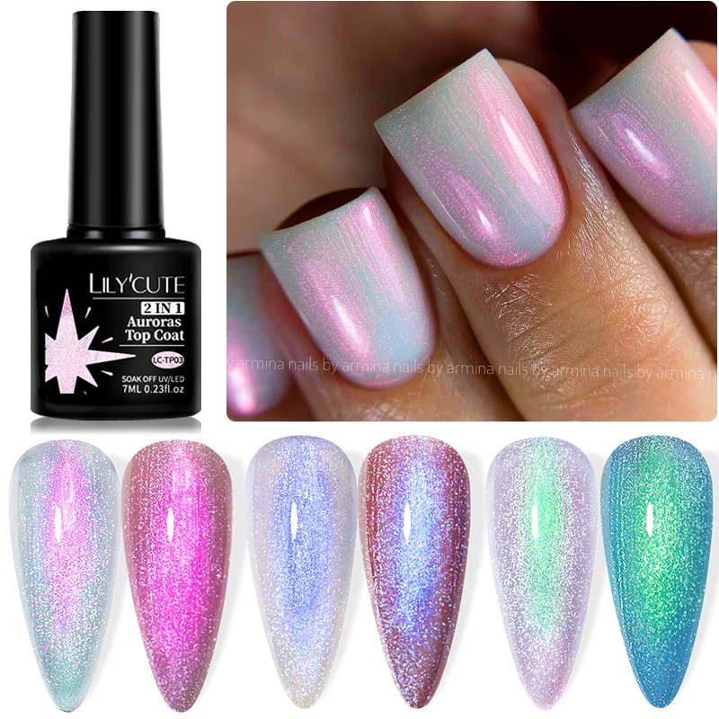 LILYCUTE 7ML Pink Auroras Top Coat Gel Nail Polish Nail Art Vernis Semi Permanent UV Gel Sparking Auroras Gel No Wipe Top Coat