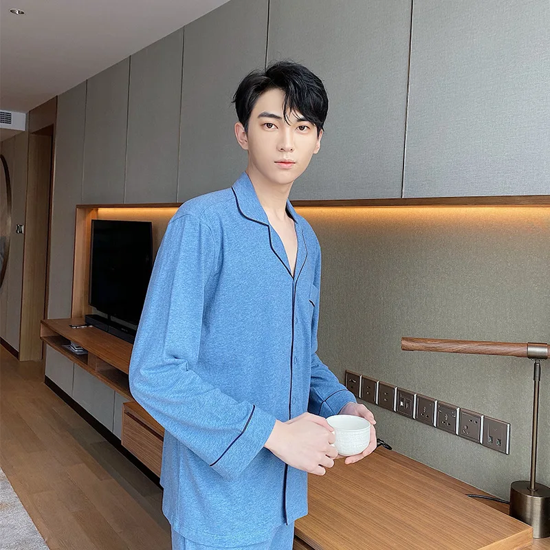 Men's Pajamas Set Colored Cotton Long Sleeve Home Clothes Suit Spring Autumn Sleepwear