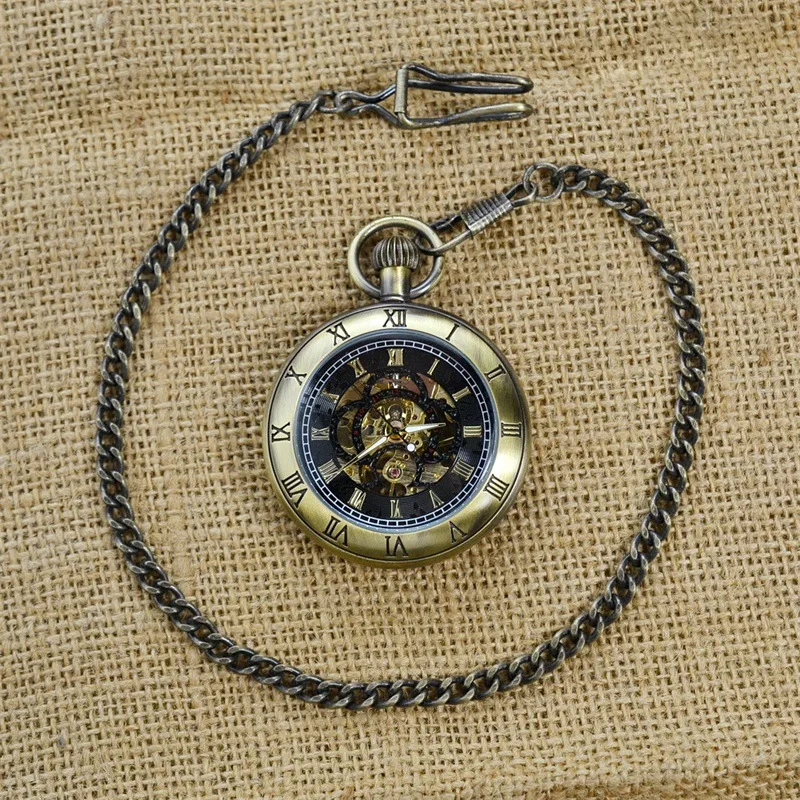 Luxury Mechanical Bronze Carving Pocket Watch for Men Women Steampunk Flower Engraved Case Roman Numeral Fob Chain Pendant Clock