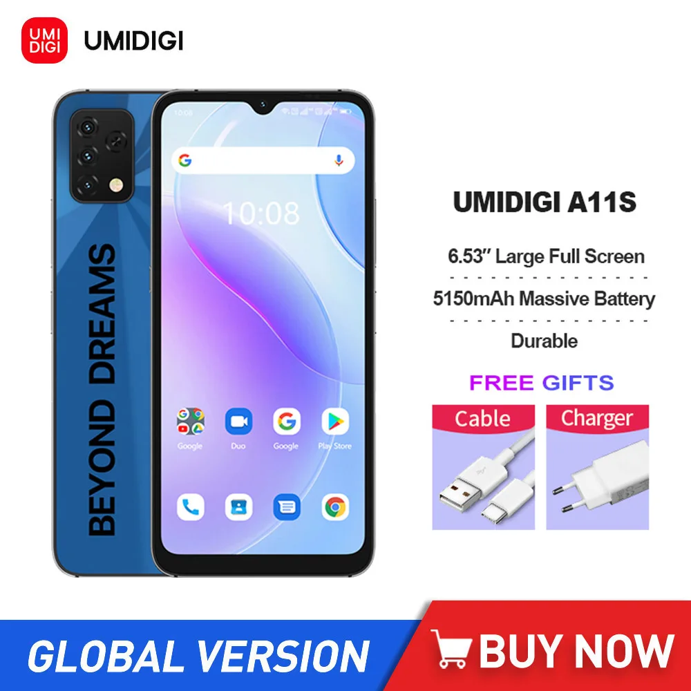 

UMIDIGI A11S 4G Ultrathin Smartphones 4GB+32GB/64GB 6.53" HD Full Display 5150mAh 16MP Camera Android 11 Portable Cell Phone