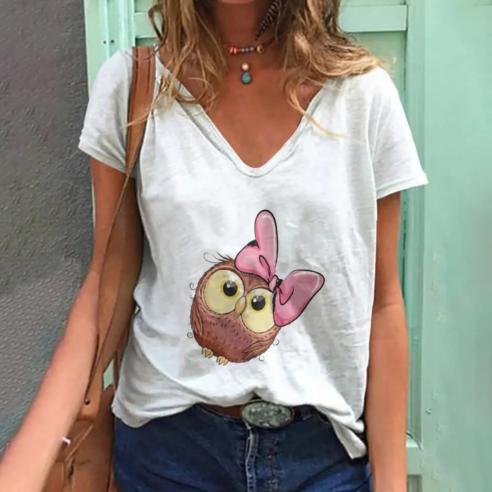 

2022 Summer Fashion Women's T-Shirt Harajuku Graphic Cute T-Shirt Owl Print New White Anime V-Neck T-Shirt Women's Top