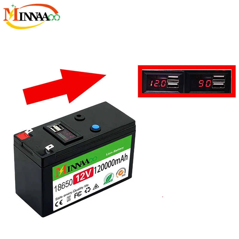 

2023 Upgraded LiFePO4 Lithium Battery 12V 120Ah Portable Rechargeable Battery Built-in 5V 2.1A Usb Power Display Port Charging