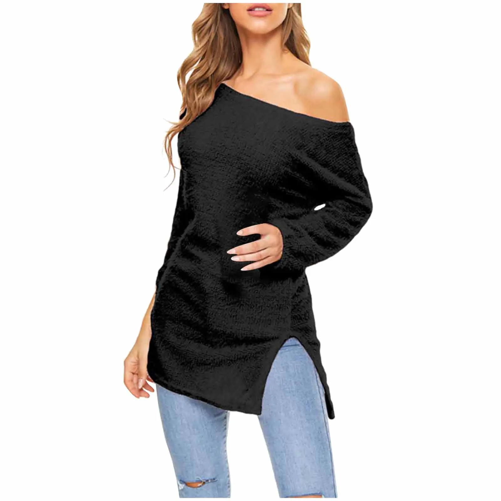 

Sweater Top Solid Long-sleeved h Color Mid-length Women's Women's Blouse Tall Black Sweater