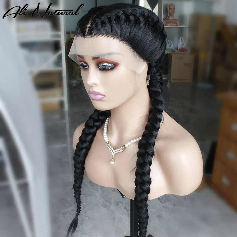 Cornrow Box Braided Lace Front Wig Synthetic Wigs For Women Black Long Dutch Twins Braids Lace Frontal Perruque