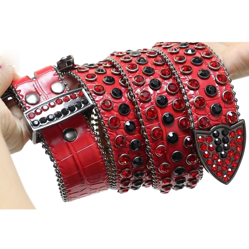 Genuine Leather Red Rhinestone Belt Luxury Designer Cowboy Bling Dimond Studded Belts For Woman Man Cinturones Para Hombre | Аксессуары