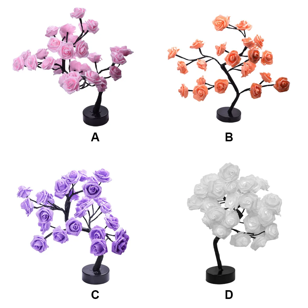 

LED Rose Tree Nightlight Battery Operated Table Flower Light Nightstand Lamp Home Bedroom Living Room Bathroom Decor White