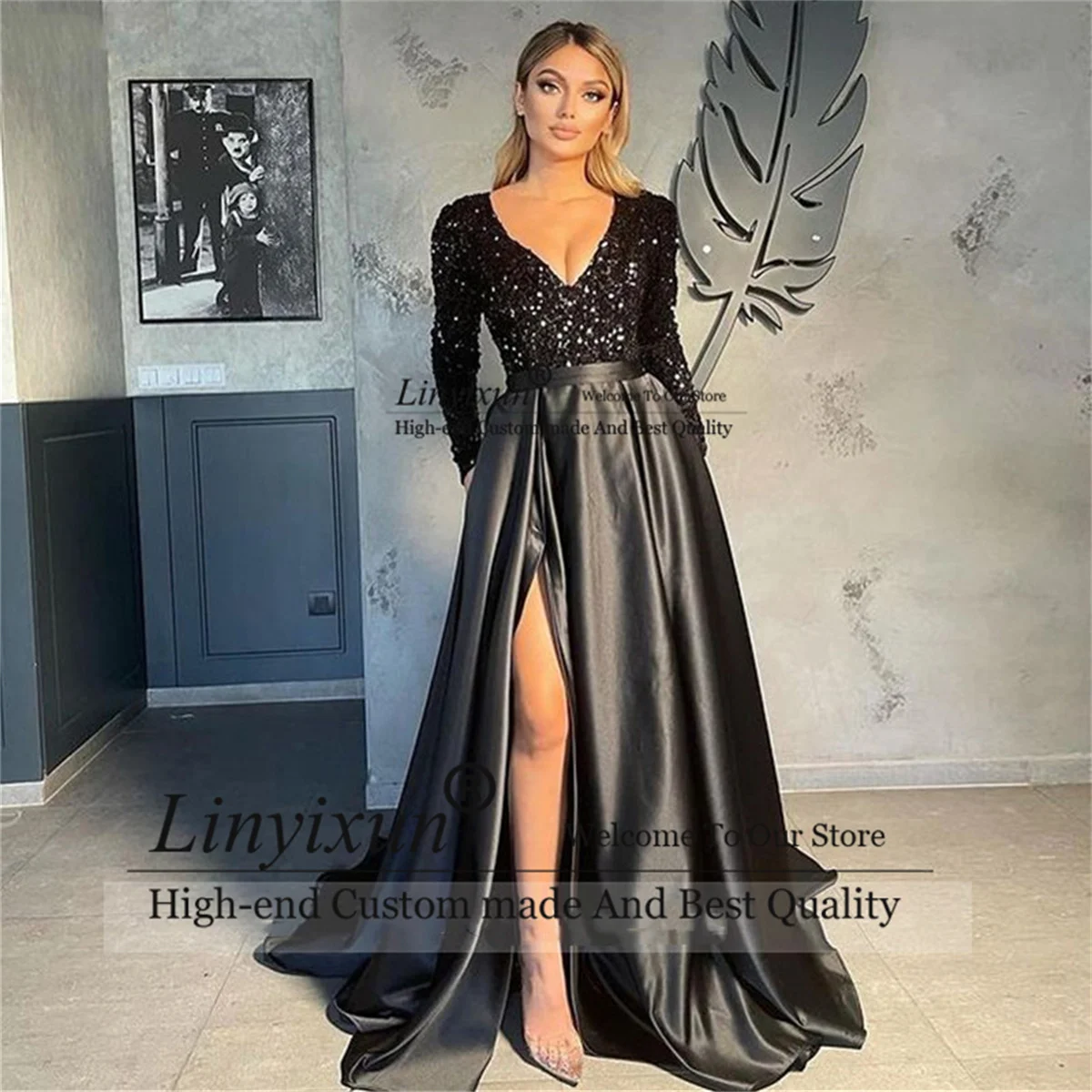 

Glitter Sequin Black Prom Dresses 2022 Sexy Slit Satin Long Sleeve Evening Party Gowns Simple A-Line Vestido De Fiesta De Boda