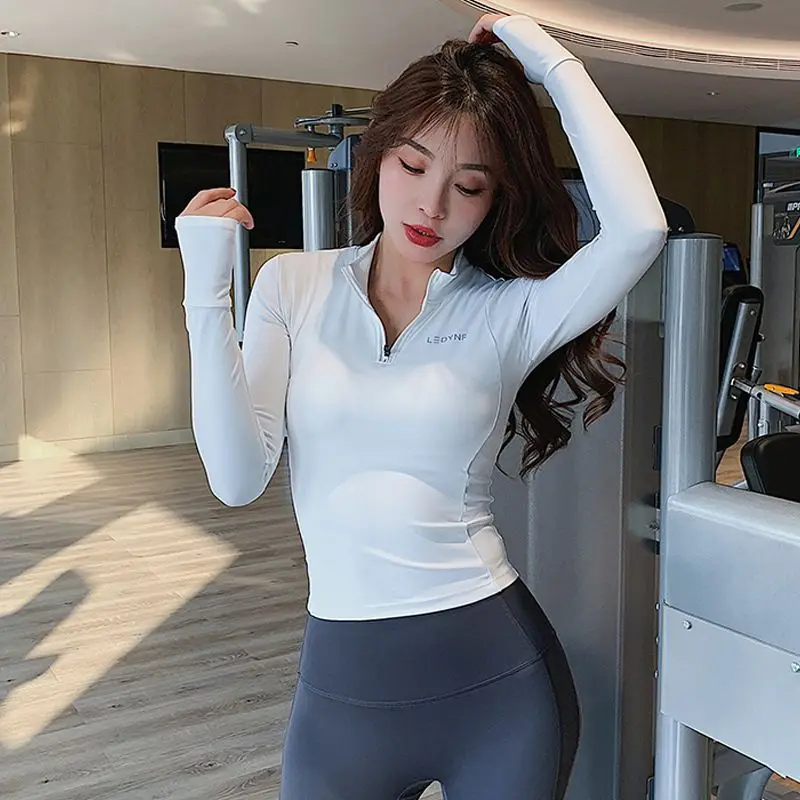 

Women's Fitness Clothing Long-sleeved Sports Top Running Training Quick-drying Slim Tight Yoga Clothing Half Zipper Solid Color