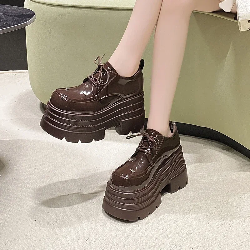 10CM Autumn Women Patent Leather Chunky Sneakers Fur Loafers High Heels Platform Winter Warm Plush Casual Snow Shoes Flats Woman