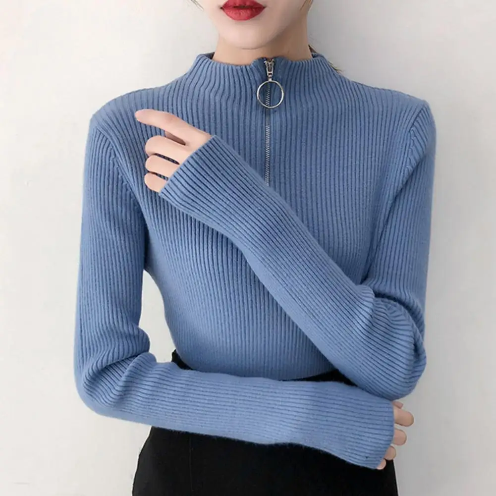 

Solid Color Half High Collar Zipper Decoration Women Sweater Casual Anti-pilling Base Sweater Trendy Half High Collar Sweater