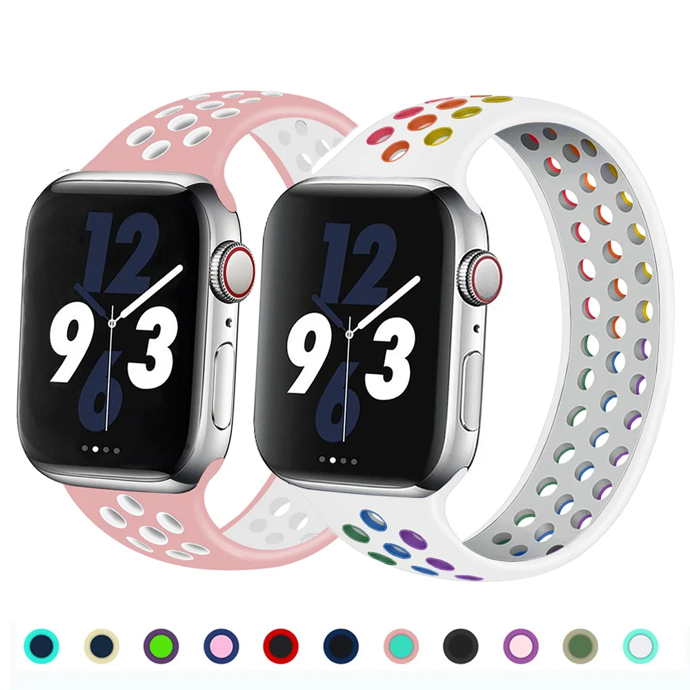 

Ремешок силиконовый для Apple Watch Band 44 мм 45 мм 40 мм 38 мм 42 мм 49 мм 41 мм, Воздухопроницаемый эластичный браслет для iWatch 3 4 SE 6 7 8