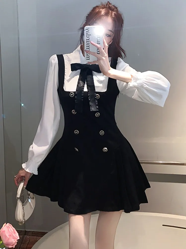 

2023 Autumn Fake Two Dress Women Slim Chic Long Sleeve Bow Casual Mini Dress Female Korean Fashion Elegant Short Party Vestidos