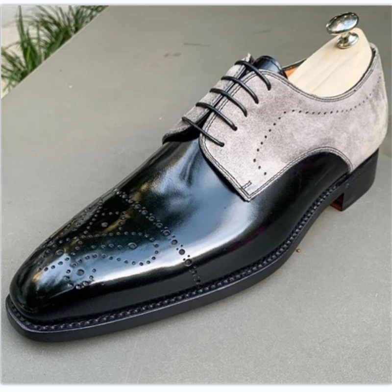 

2022 Brogues Men Shoes PU Colorblock Classic Party Banquet Faux Suede Lace Up Fashion Dress Shoes zapatillas hombre KP775