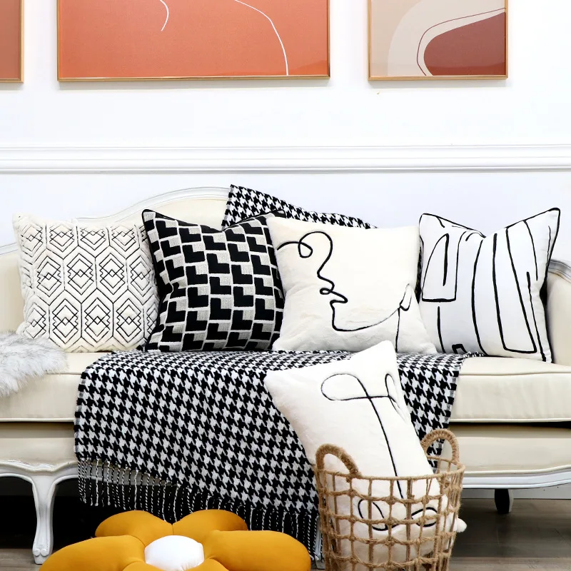 

Super soft plush line jacquard throw cushion cover geometric embroidery sofa decor pillow cover chair office car pillowcase 45cm