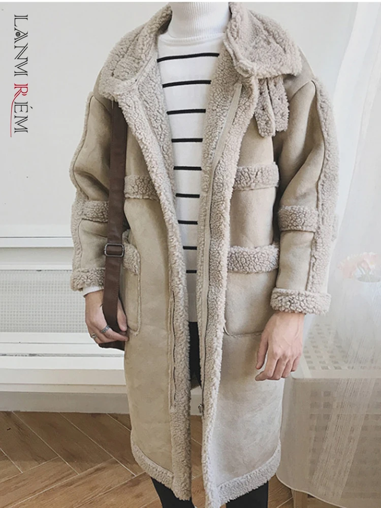

LANMREM 2022 Winter Thickened Lamb Fur Coats For Women Lapel Long Length Loose Stitching Color Block Pocket Warm Clothing 2R8109