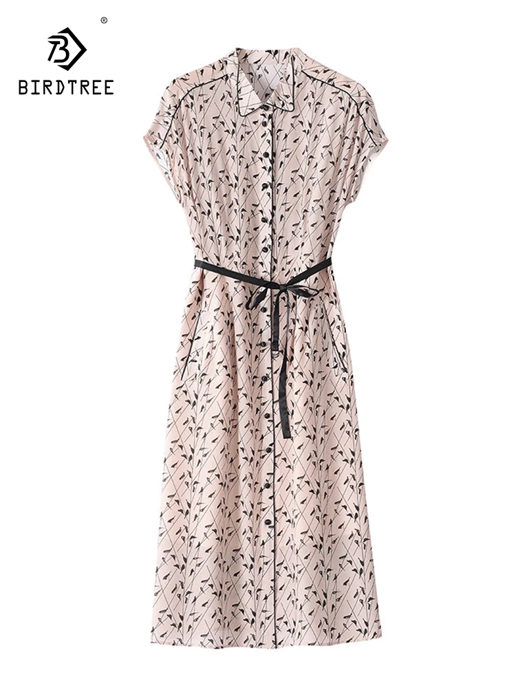 

Birdtree 14MM 100%Mulberry Silk Double Crepe Dress Women Elegant Commuter Fragmented Print Shirt Dress 2023 Summer New D37046QC
