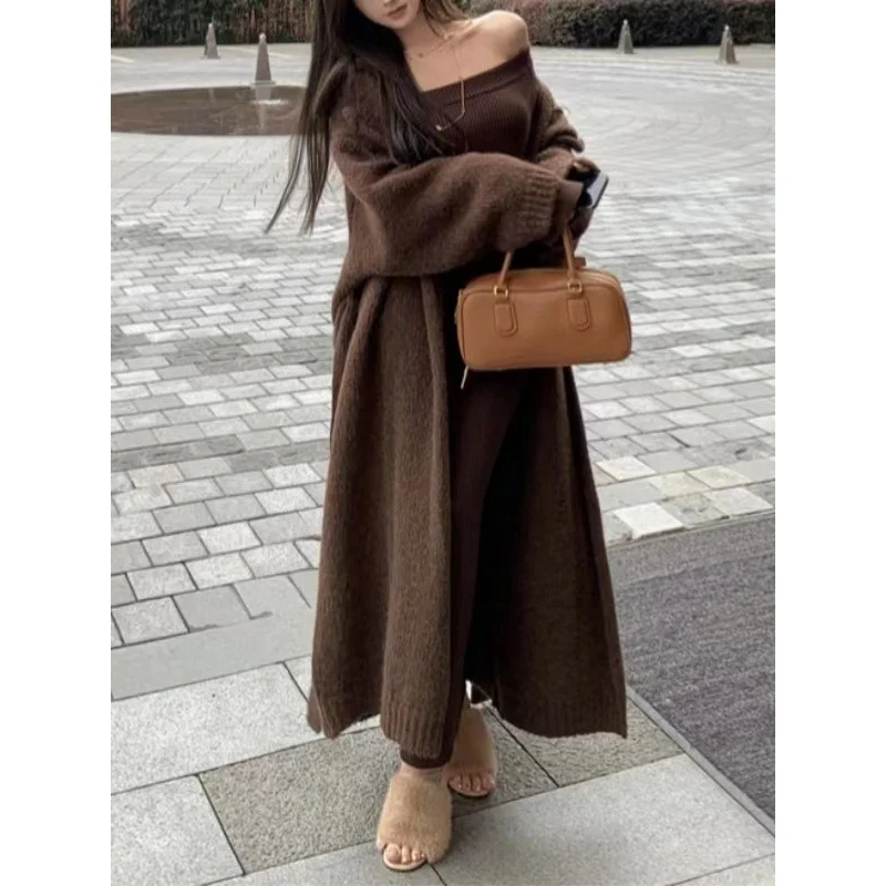 Длинный элегантный вязаный кардиган для женщин 2024 новый корейский стиль мягкий