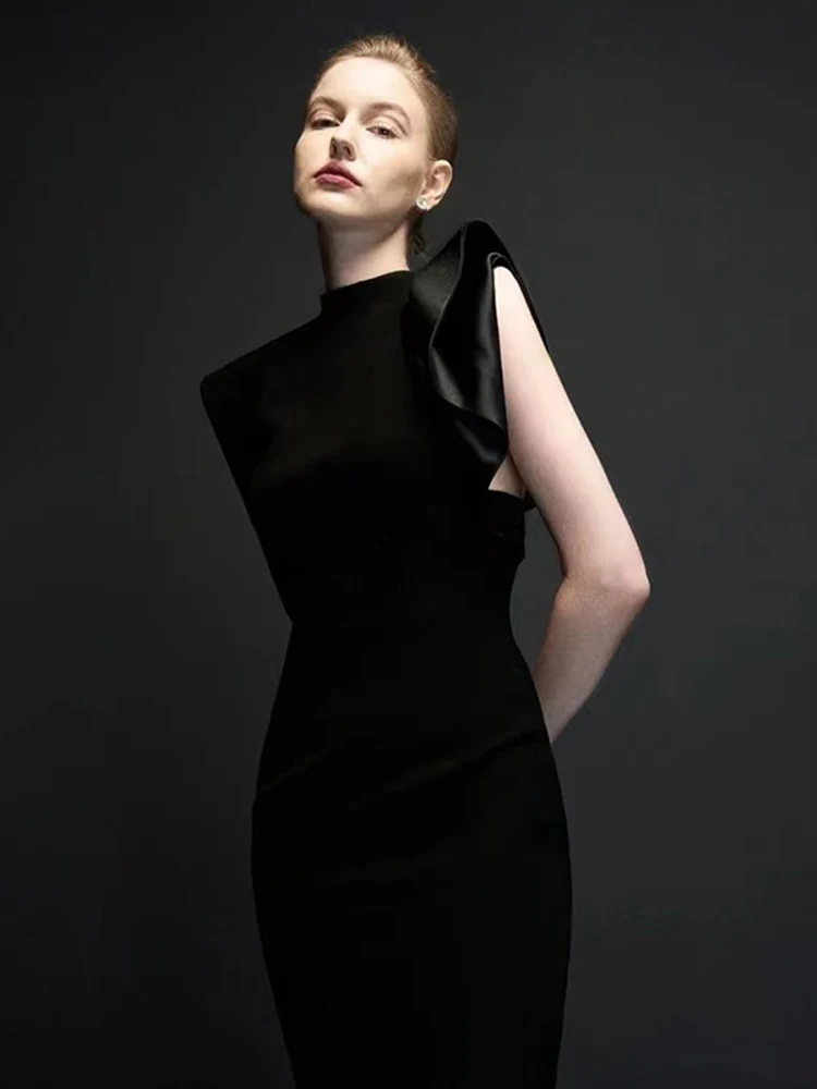 DEAT женское модное вечернее платье с воротником-стойкой и асимметричными