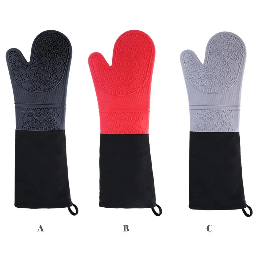

1 Piece Silicone Glove Long Thick Insulation Mitt Home 2 Layer Cotton Baking Glove for Oven Microwave, Red