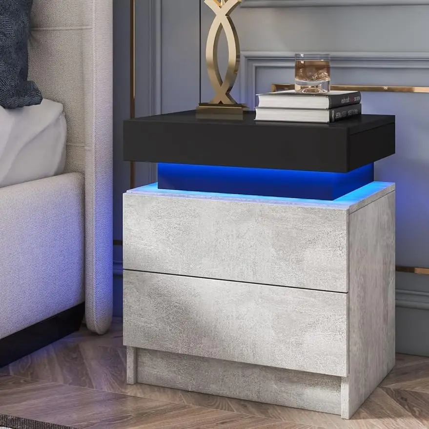 

HOMMPA LED Nightstand Grey Nightstand with Led Lights Modern Night Stand with 2 High Gloss Drawers Led Bedside Table
